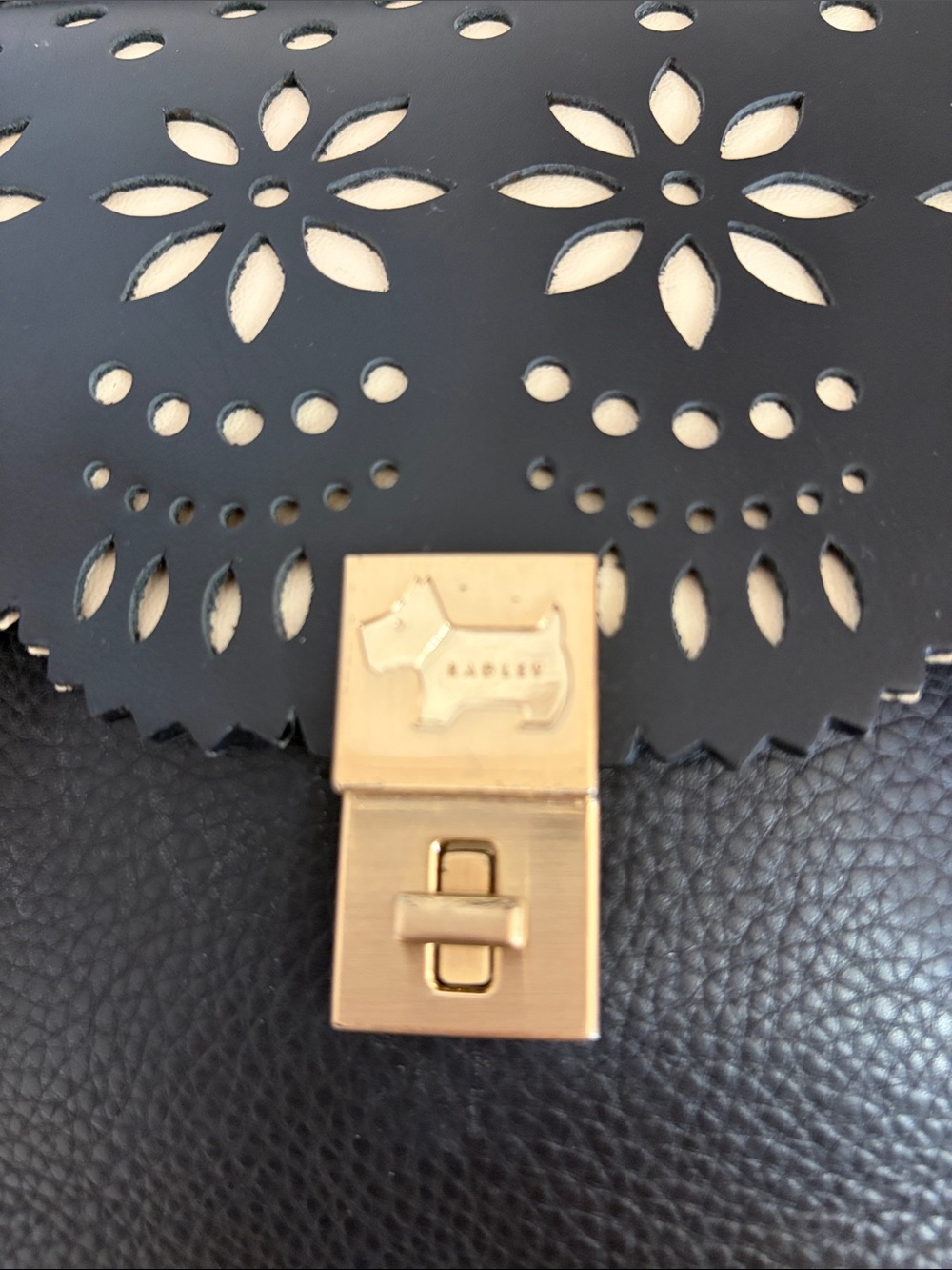 RADLEY LONDON Black Leather Crossbody with Cream Floral Cutouts and Gold Lock - Picture 8 of 16